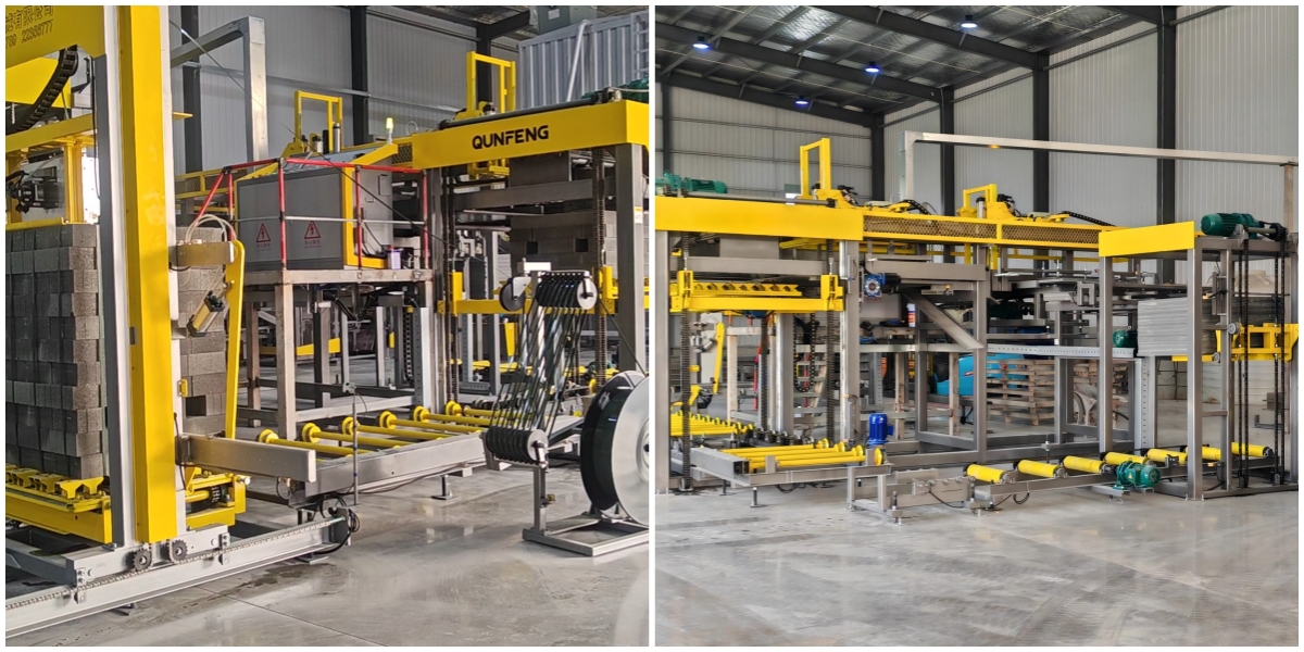 Automatic palletizing system for Qunfeng Machinery’s fully automatic concrete product production line. Automatic palletizing system for Qunfeng Machinery’s fully automatic concrete product production line.