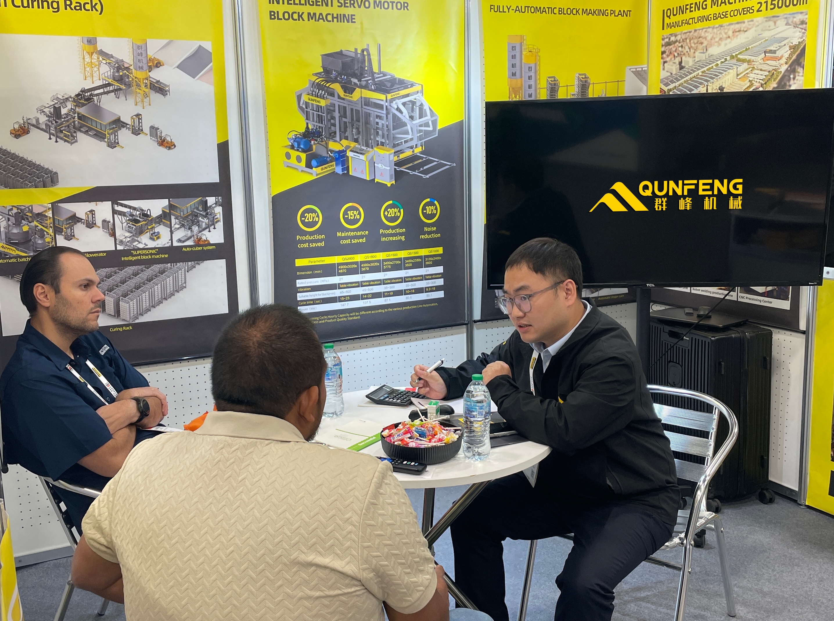 Qunfeng sales team discussing concrete block making solutions with global clients in America